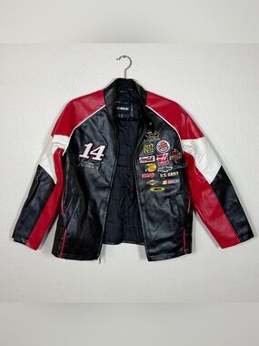 NASCAR Tony Stewart #14 Faux Leather Racing Jacket Boys M (12-14) Sporty Outdoor